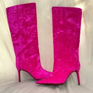 Velvet hot pink high heel boots: wide calf